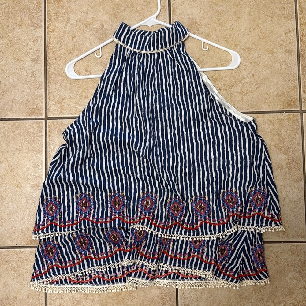 THML Anthropologie medium White Navy stripe Halter Top Embroidered Blouse top
